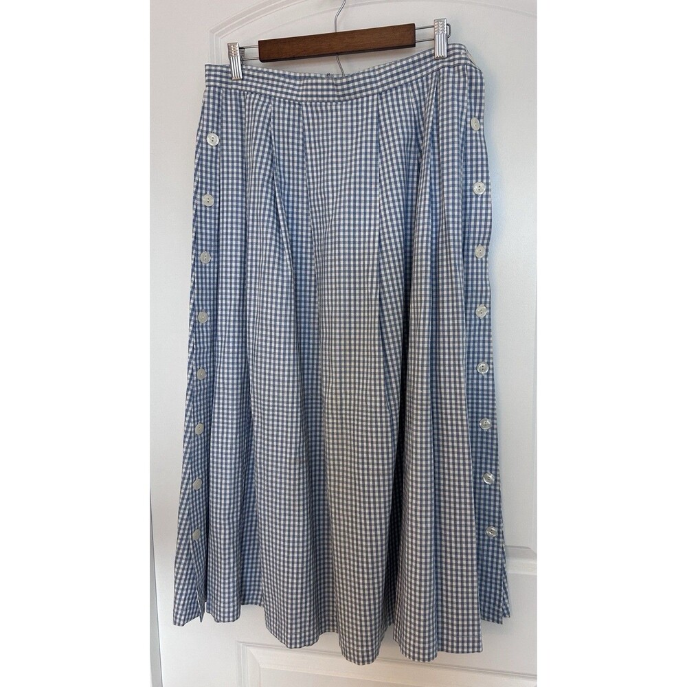 Vintage Van Heusen Blue White Gingham Button Side Midi Skirt A-Line Sz 16 Easter - Picture 2 of 8